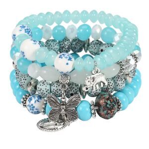 Aqua Boho Beaded Bracelet Set – Butterfly & Elephant Charms – 5 Piece Stack